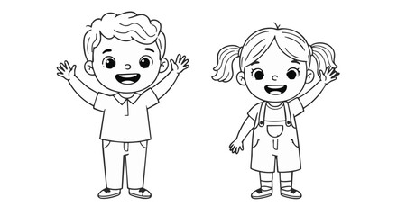 Naklejka premium A Cheerful Boy and Girl Waving Hello with Big Smiles Illustrating Friendship and Childhood Joy in a Simple Drawing
