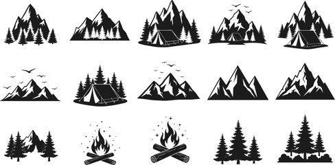 Set of black and white mountain, tent, forest, and campfire illustrations, perfect for camping, hiking, adventure, outdoor, and nature designs