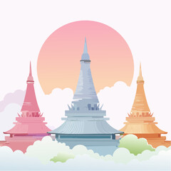 Three stylized pagodas in pink, blue, and orange hues against a cloudy sky.
