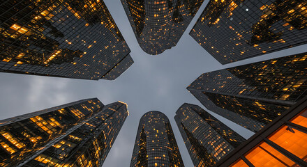 Vibrant orange-lit windows of towering city buildings at night, emphasizing urban density and architectural design