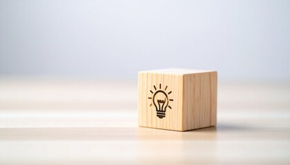 Wooden cube with light bulb icon on clean surface, symbolizing innovation