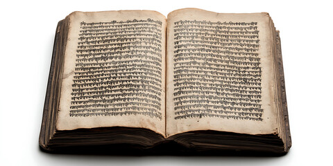 Antique Book: A well-worn, open book displays aged pages filled with dense text in an Eastern script, on a white backdrop.
