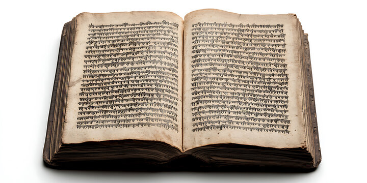 Antique Book: A well-worn, open book displays aged pages filled with dense text in an Eastern script, on a white backdrop. - Powered by Adobe
