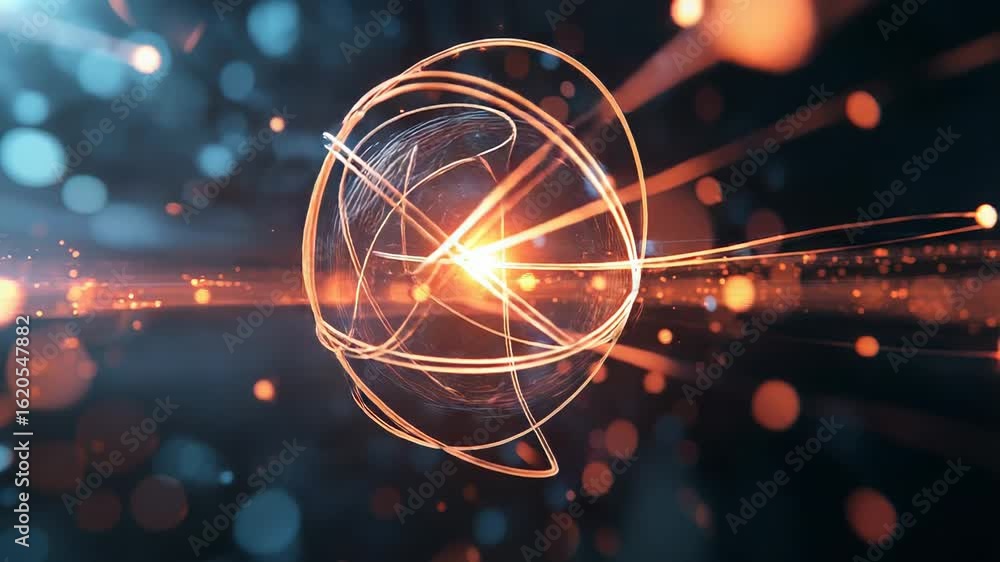 Aufkleber futuristic glowing atom rotating with light trails and bokeh effect