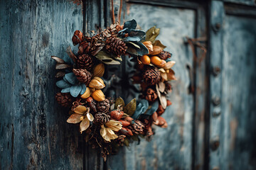 Rustic Autumnal Wreath with Pinecones and Pods on a Weathered Blue Door