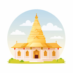 Fototapeta premium Golden tiered pagoda atop a white temple with orange roof and green bushes