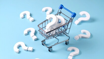 Mini shopping cart filled with oversized white question marks—symbol of consumer uncertainty.