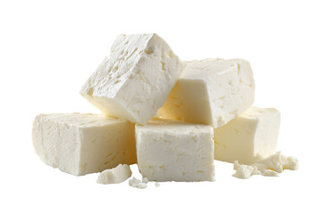 Stacked cubes of white feta cheese with crumbly texture isolated on a transparent background dairy food