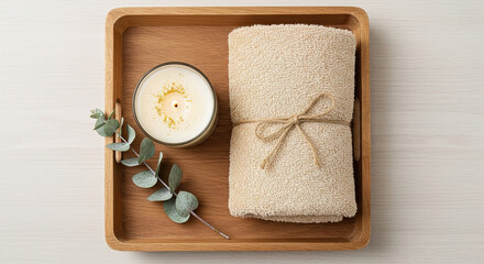 Relaxing spa towel and candle arrangement on a wooden tray offering a serene atmosphere for self-care