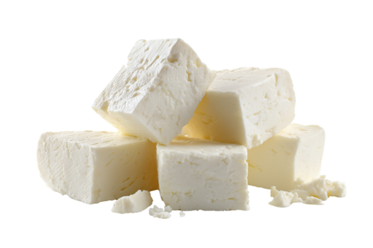 Stacked cubes of white feta cheese with crumbly texture isolated on a transparent background dairy food