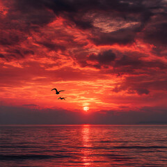 Vibrant Sunset Over Calm Ocean Waters with Silhouette of Birds Flying Across Fiery Sky
