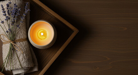 Relaxing spa arrangement with towel, candle, and lavender on a wooden surface for a tranquil experience, copy space on the right