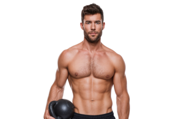 Shirtless muscular man with an athletic body and six-pack abs holding a kettlebell, isolated on transparent background