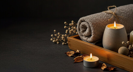 Relaxing spa setup featuring rolled towel and candles on a wooden tray for wellness and tranquility, copy space on the left