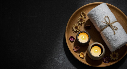 Relaxing spa setup with towels and candles creates a tranquil atmosphere for personal wellness, copy space on the left