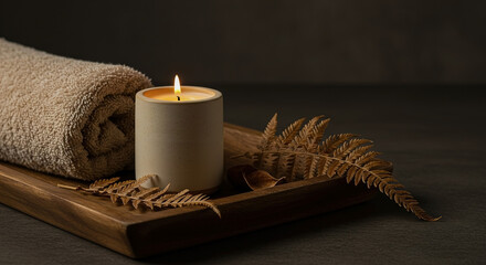 Relaxation setup featuring a towel, candle, and natural elements in a serene spa atmosphere