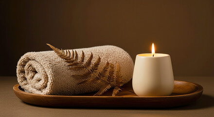 Relaxing spa setup with towel, candle, and natural decor in a tranquil environment