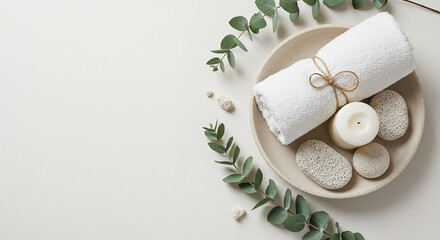 Relaxing spa setup with towel, candle, and stones on a serene backdrop, copy space on the left