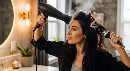 Woman styling her hair with a round brush and a blow dryer in a well lit bathroom setting