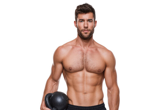 Shirtless muscular man with an athletic body and six-pack abs holding a kettlebell, isolated on transparent background