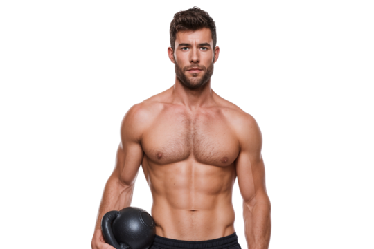 Shirtless muscular man with an athletic body and six-pack abs holding a kettlebell, isolated on transparent background