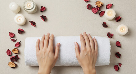 Relaxing spa experience with a towel and candles in a serene setting