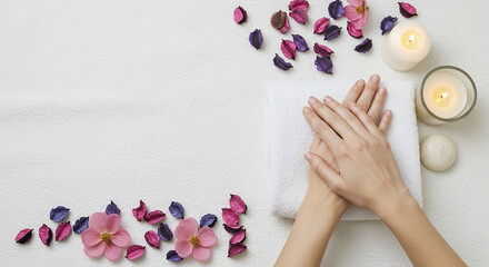 Relaxing spa experience with candles and flower petals inviting tranquility, copy space on the left
