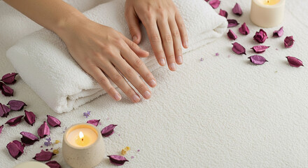 Relaxing spa experience with towels, candles, and rose petals from a top view