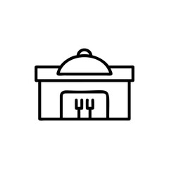 Outline restaurant building icon with serving dome forks food