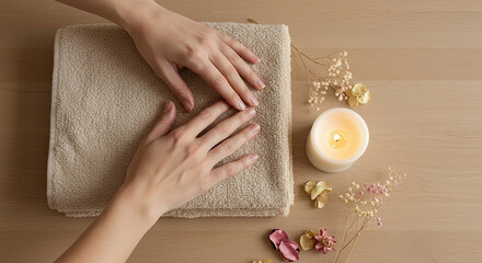 Relaxing spa moment with a towel, candle, and delicate flowers arranged on a peaceful wooden surface