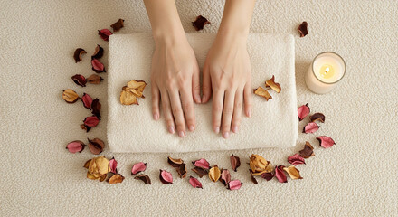 Relaxing spa setting with a towel, soothing candle, and fragrant flower petals arranged on a soft surface