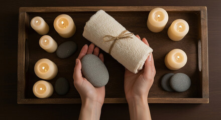 Relaxing spa setting with towels, stones, and candles for a soothing experience