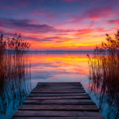 Vibrant Sunset Reflection Over Serene Lake with Wooden Dock and Silhouetted Reeds