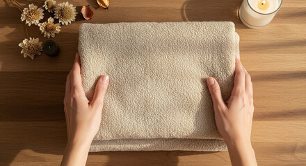 Relaxation and serenity experience with a soft towel and candle on a spa table, copy space 