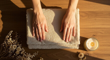 Relaxing moment with candles and towels set up for a spa experience at home