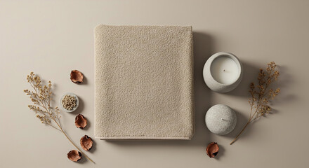 Soothing spa essentials with towel, candles, and natural elements arranged for relaxation and tranquility