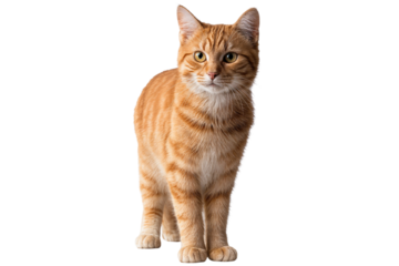 Cute orange tabby cat standing and looking at the camera. Isolated on transparent background