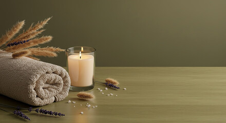 Relaxing spa setting with candle and soft towel creating a serene atmosphere for self-care, copy space on the right