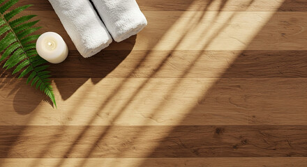 Serenity and relaxation at a spa with towels, a candle, and natural elements viewed from above, copy space on the right