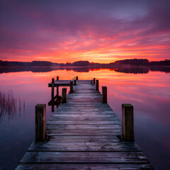 Wooden Dock Extending into Calm Lake at Sunset with Vibrant Reflections in the Water