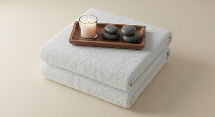 Spa towels and candle arranged for a relaxing experience in a peaceful setting