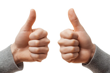 Two hands giving thumbs up gesture with grey sleeves isolated on a transparent background approval