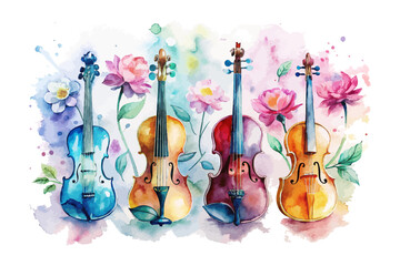 set of watercolor violin with flower vector illustration isolated on white background © Tanvir Rana