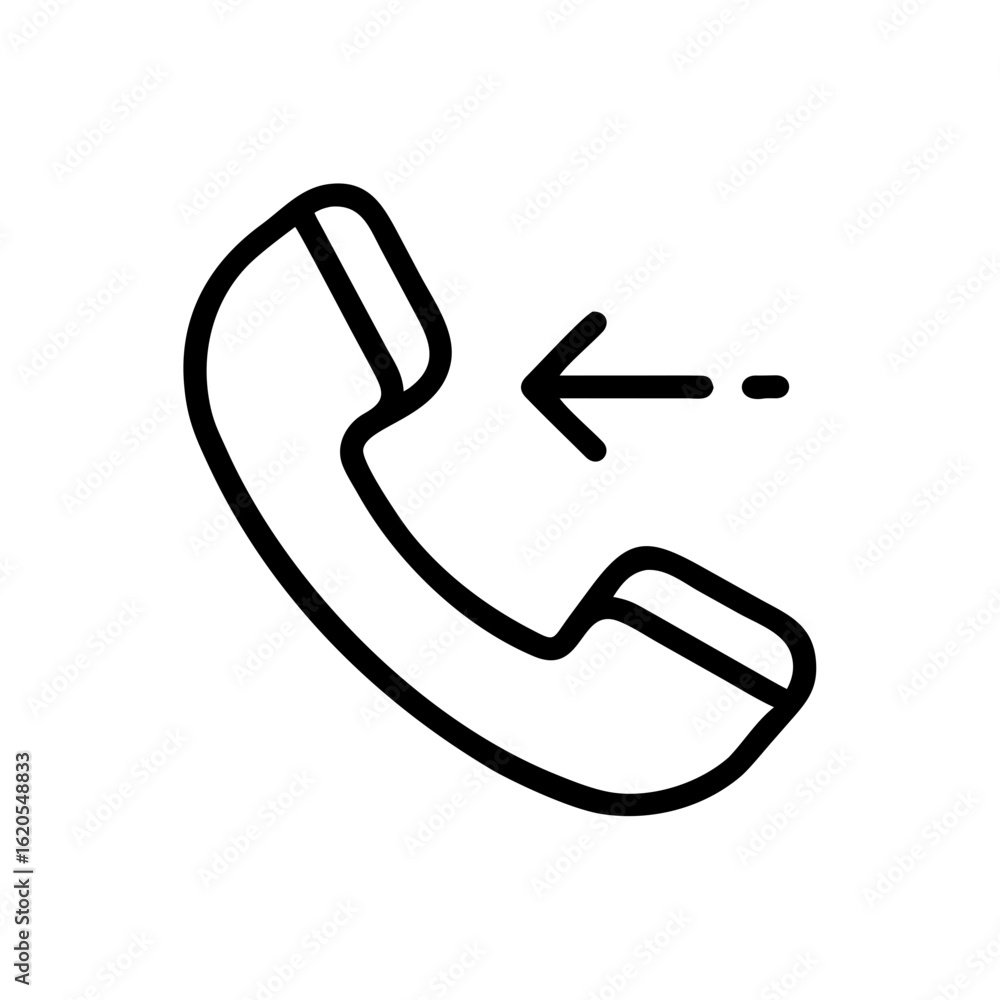 Poster outline icon of a telephone receiver with an arrow pointing left indicating an incoming call or miss