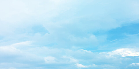 Cloudy blue summer storm  in the sky, watercolor background, horizontal view, beautiful cloudscape, fresh air, nature shining light, sunrise sky, panoramic view, daylight, vast fluffy tiny white sunsh
