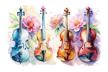 set of watercolor violin with flower vector illustration isolated on white background © Tanvir Rana