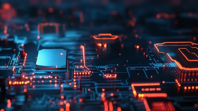 Futuristic circuit board pulsating with energy and data flow - Powered by Adobe