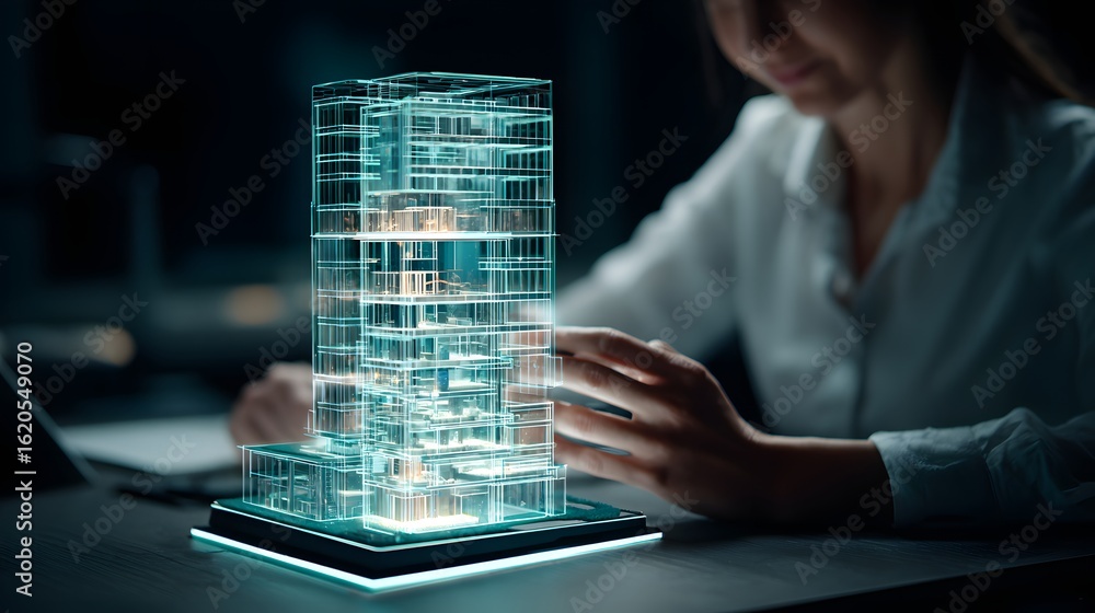 Poster architectural model of a skyscraper, illuminated with transparent design.