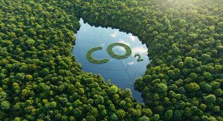 Aerial view of lush rainforest with a CO2-shaped lake, reflecting sky and sunlight