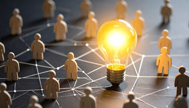 Glowing light bulb at center of human network—symbol of shared ideas and innovation